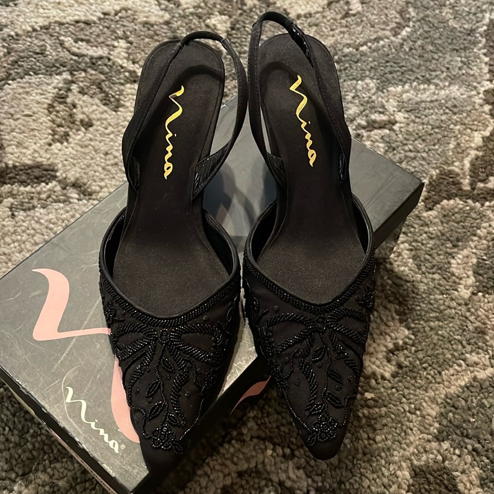 Nina Black Slip On Heels 6.5M